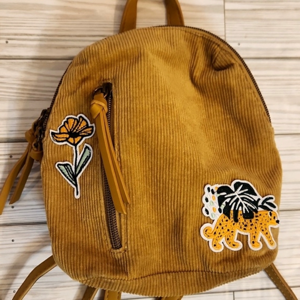 Mustard Corduroy Mini Backpack with Floral & Leopard Patches